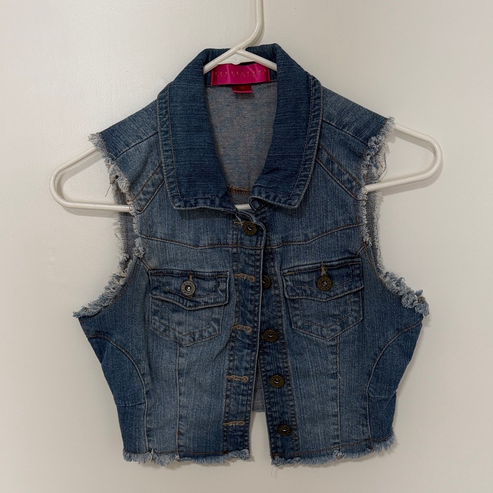 Tinseltown Dark Blue Denim Frayed Vest